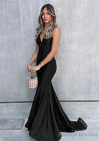 Trumpet/Mermaid V Neck Sleeveless Sweep Train Jersey Prom Dresses