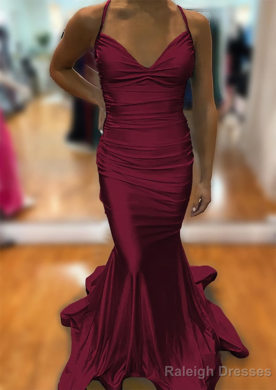 Trumpet/Mermaid V Neck Sleeveless Sweep Train Jersey Prom Dress With Pleated
