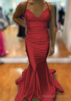 Trumpet/Mermaid V Neck Sleeveless Sweep Train Jersey Prom Dress With Pleated