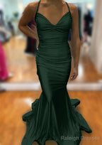 Trumpet/Mermaid V Neck Sleeveless Sweep Train Jersey Prom Dress With Pleated
