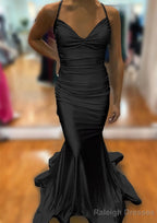 Trumpet/Mermaid V Neck Sleeveless Sweep Train Jersey Prom Dress With Pleated