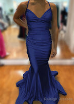 Trumpet/Mermaid V Neck Sleeveless Sweep Train Jersey Prom Dress With Pleated