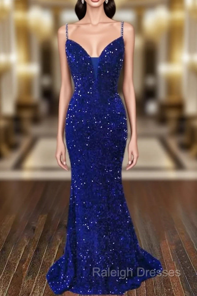 Trumpet/Mermaid V Neck Sleeveless Sweep Train Velvet Sequins Prom Dress Main image