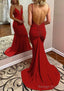 Trumpet/Mermaid V Neck Spaghetti Straps Court Train Jersey Prom Dress With Pleated