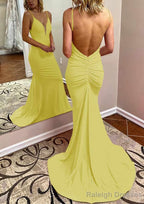 Trumpet/Mermaid V Neck Spaghetti Straps Court Train Jersey Prom Dresses With Pleated