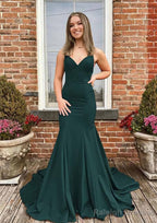 Trumpet/Mermaid V Neck Spaghetti Straps Sweep Train Satin Prom Dress