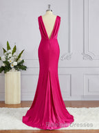 Trumpet/Mermaid V Neck Sweep Train Jersey Bridesmaid Dress