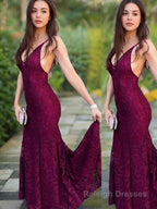 Trumpet/Mermaid V Neck Sweep Train Lace Prom Dresses