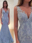 Trumpet/Mermaid V Neck Sweep Train Lace Prom Dresses With Appliques Lace