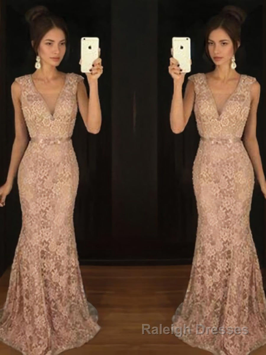 Trumpet/Mermaid V Neck Sweep Train Lace Prom Dresses With Belt/Sash