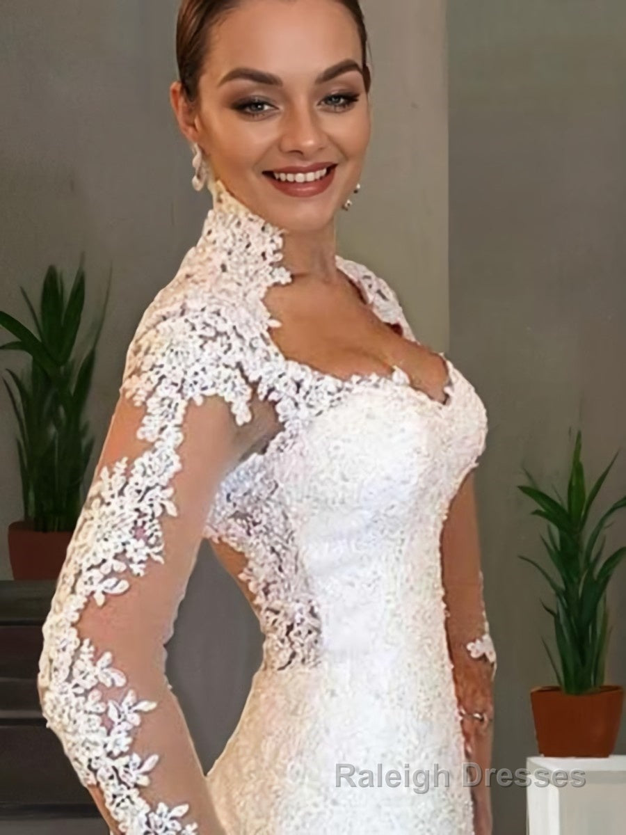 Trumpet/Mermaid V Neck Sweep Train Lace Wedding Dresses With Appliques Lace