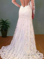 Trumpet/Mermaid V Neck Sweep Train Lace Wedding Dresses With Appliques Lace