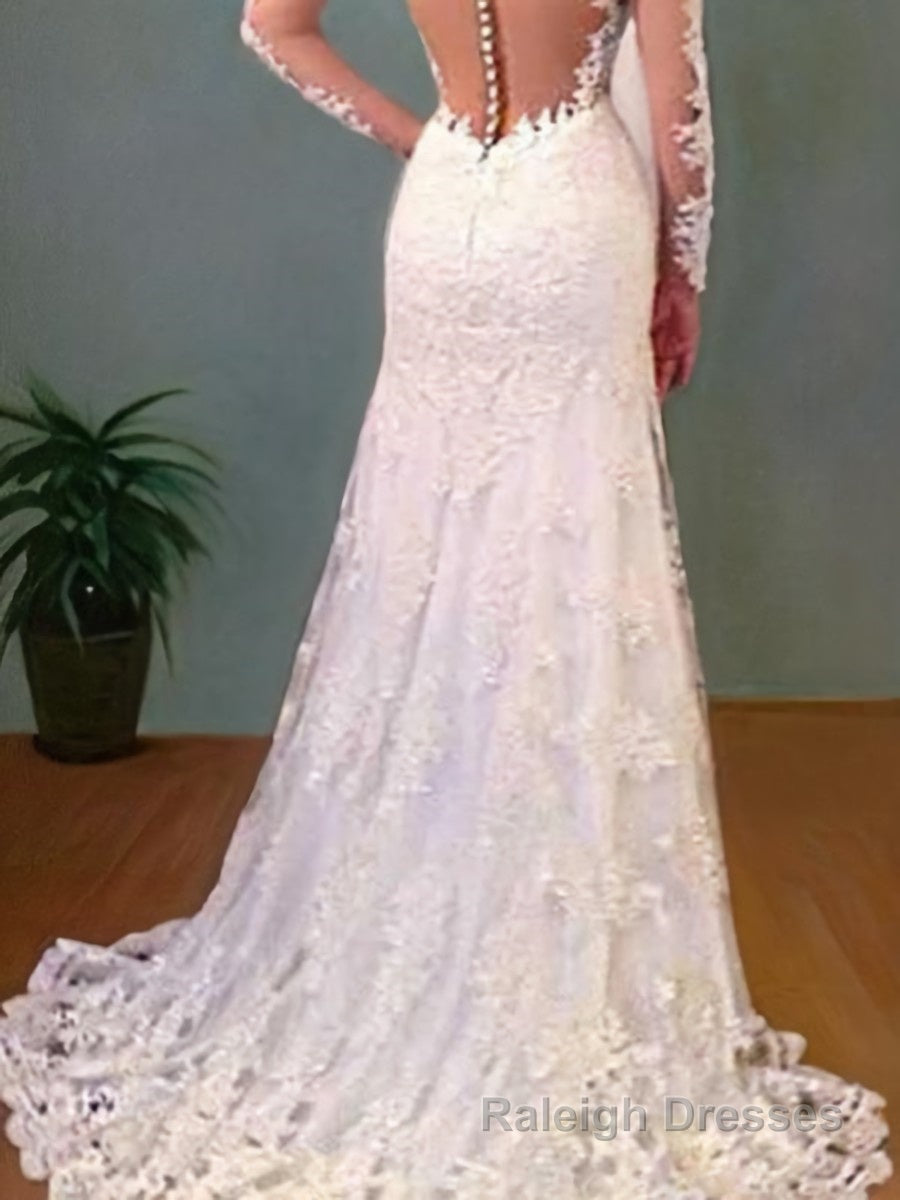 Trumpet/Mermaid V Neck Sweep Train Lace Wedding Dresses With Appliques Lace