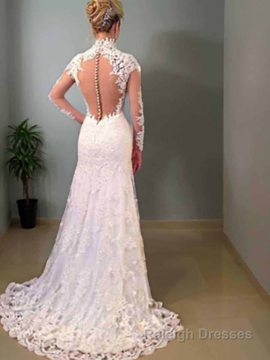 Trumpet/Mermaid V Neck Sweep Train Lace Wedding Dresses With Appliques Lace