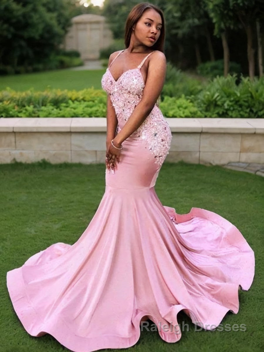 Trumpet/Mermaid V-neck Sweep Train Silk like Satin Prom Dresses With Appliques Lace Secondary image