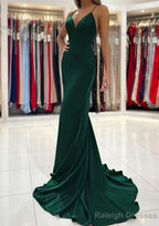 Trumpet/Mermaid V Neck Sweep Train Sleeveless Elastic Satin Prom Dress