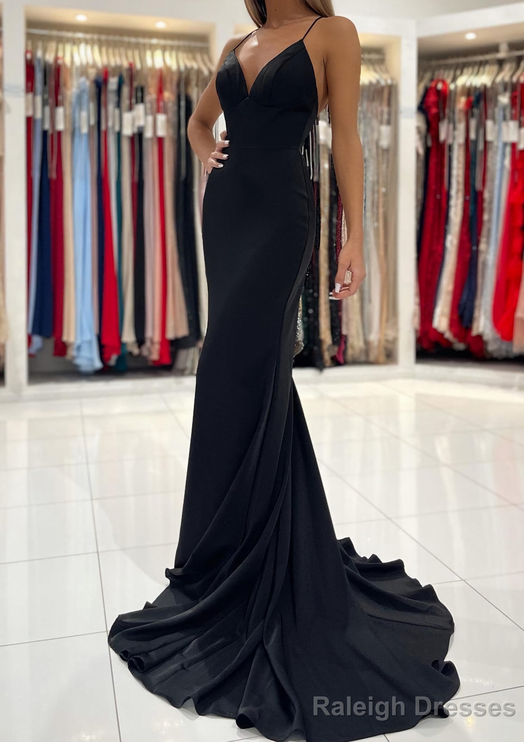 Trumpet/Mermaid V Neck Sweep Train Sleeveless Elastic Satin Prom Dress Main image