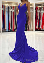Trumpet/Mermaid V Neck Sweep Train Sleeveless Elastic Satin Prom Dress