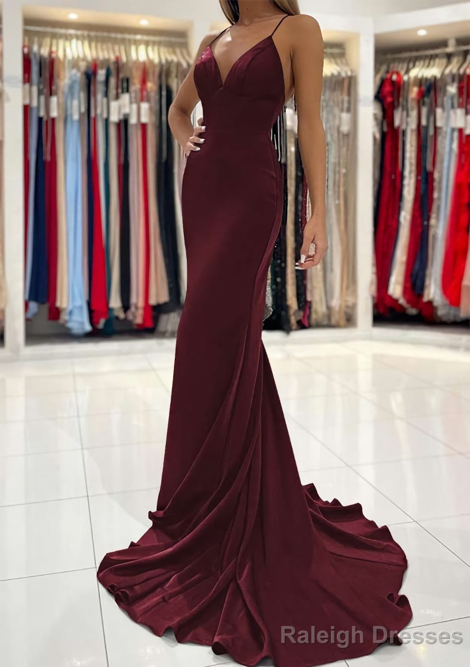 Trumpet/Mermaid V Neck Sweep Train Sleeveless Elastic Satin Prom Dress