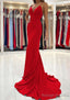 Trumpet/Mermaid V Neck Sweep Train Sleeveless Elastic Satin Prom Dress