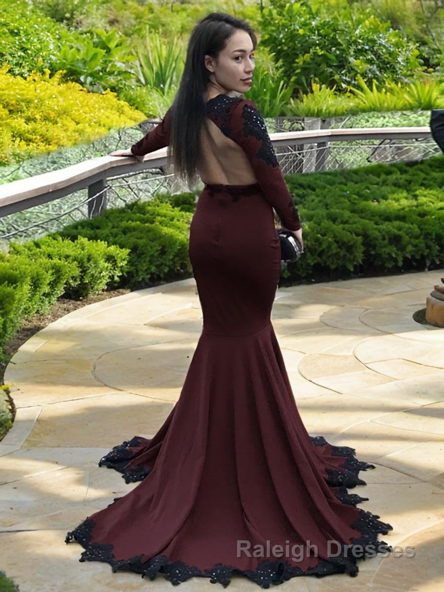 Trumpet/Mermaid V Neck Sweep Train Stretch Crepe Prom Dresses With Appliques Lace Secondary image