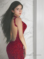 Trumpet/Mermaid V Neck Sweep Train Tulle Prom Dresses With Appliques Lace