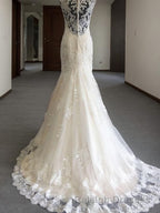 Trumpet/Mermaid V Neck Sweep Train Tulle Wedding Dress With Appliques Lace