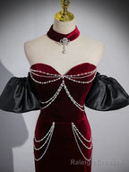 Trumpet/Mermaid Velvet Burgundy Long Prom Dress with Beads