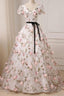 Tulle A Line V Neck Floral Short Sleeves Prom Dresses With Appliques