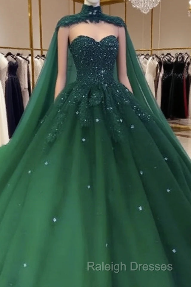 Tulle Ball Gown Emerald Green Quinceanera Dresses Crystals With Cape Free Main image