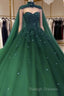 Tulle Ball Gown Emerald Green Quinceanera Dresses Crystals With Cape Free
