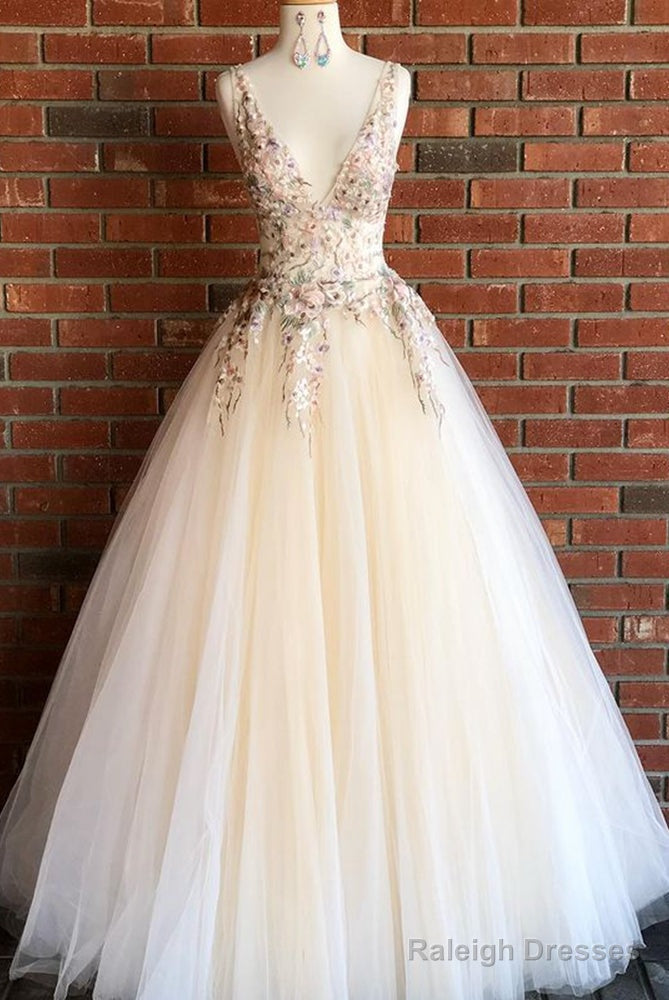 Tulle Ball Gown Long Prom Dresses With Appliques,Formal Dresses