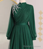 Tulle Beaded Evening Dresses Long Sleeve Formal Party Prom Gown