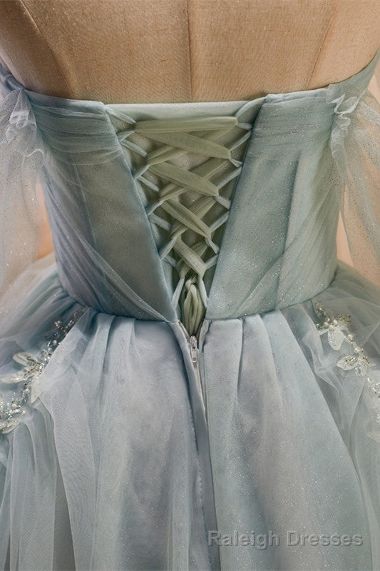 Tulle Beaded Off-the-Shoulder Lace-Up Back A Line Prom Dress