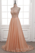 Tulle & Chiffon High Neck Evening Dresses With Beading