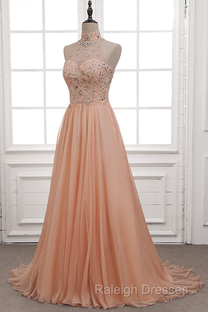 Tulle & Chiffon High Neck Evening Dresses With Beading