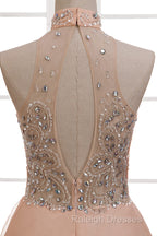 Tulle & Chiffon High Neck Evening Dresses With Beading