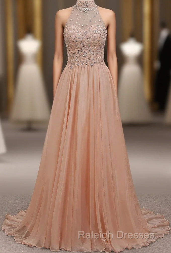 Tulle & Chiffon High Neck Evening Dresses With Beading
