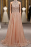 Tulle & Chiffon High Neck Evening Dresses With Beading
