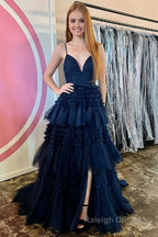 Tulle Deep V Neck Spaghetti Straps Long Prom Dress