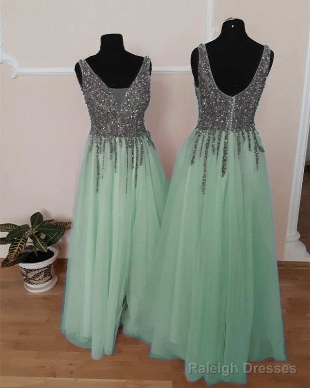 Tulle Floor Length Split Dresses With Beaded V Neckline