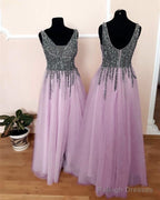 Tulle Floor Length Split Dresses With Beaded V Neckline