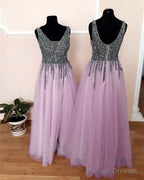 Tulle Floor Length Split Dress With Beaded V Neckline
