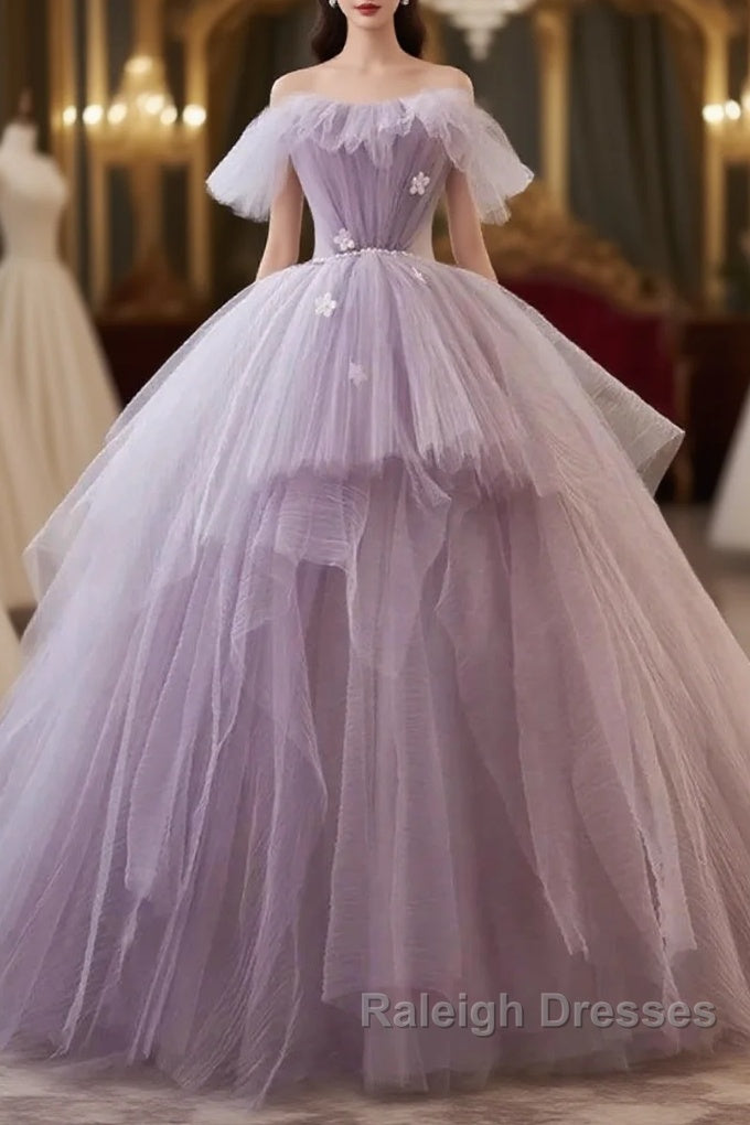 Tulle Floral Ball Gown Princess Lavender Prom Dress Main image