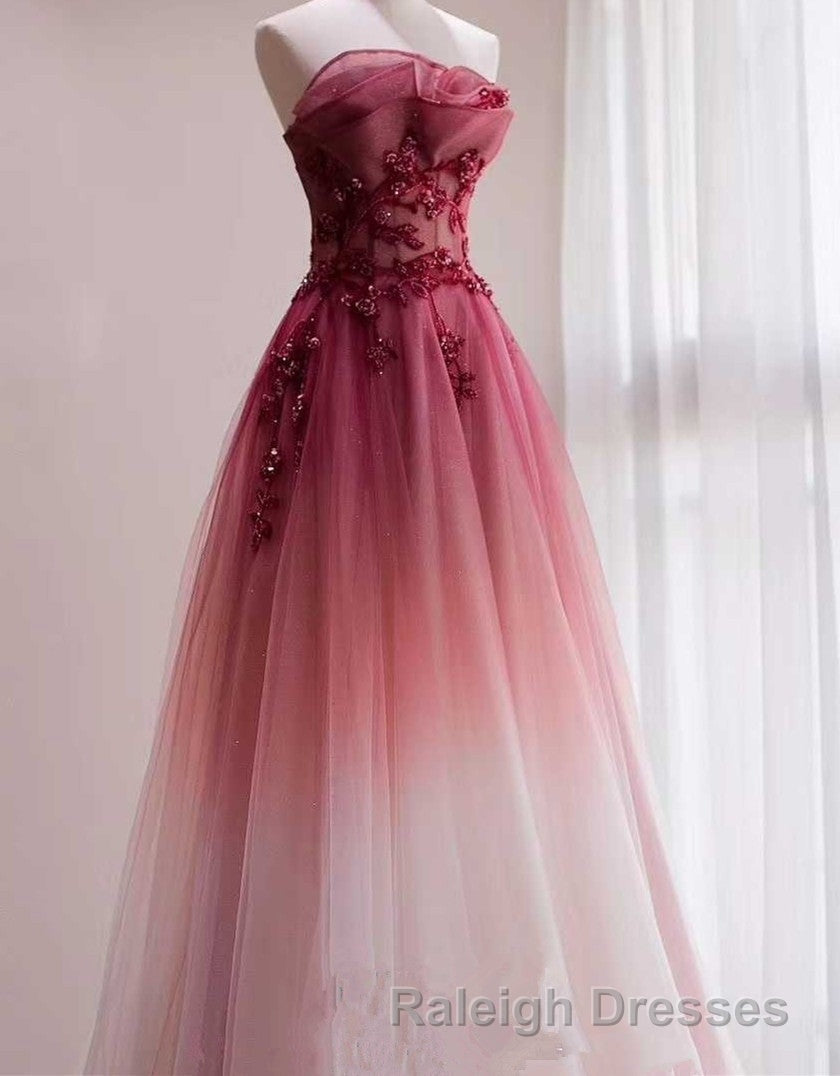 Tulle Gradient with Beaded Long Prom Dresses A Line Gradient Prom Dresses
