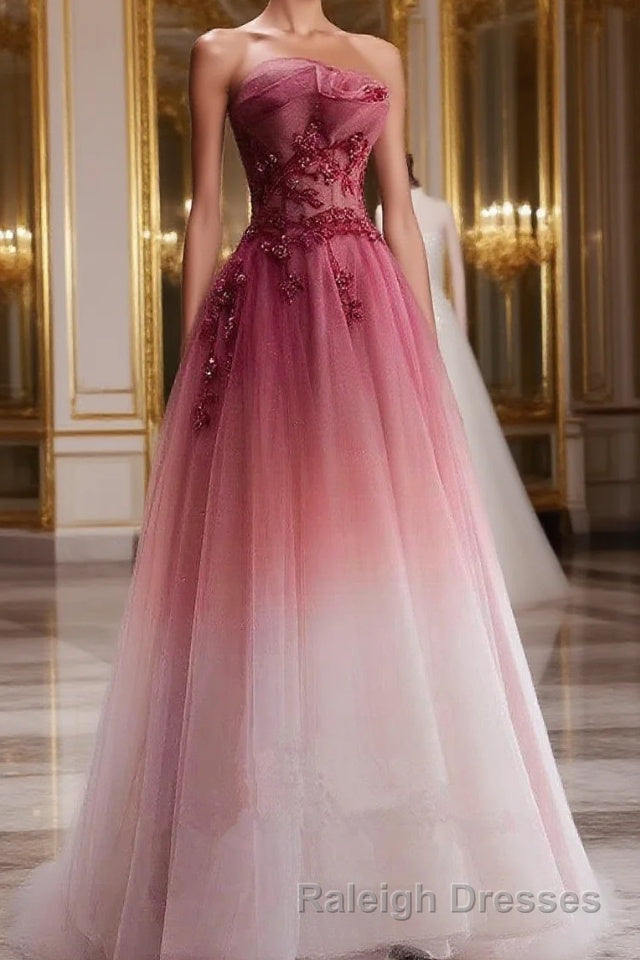 Tulle Gradient with Beaded Long Party Dress, A-line Gradient Prom Dress Main image