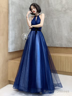 Tulle High Neckline A-Line Long Prom Dress, Tulle Blue Evening Dress