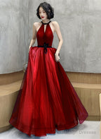 Tulle High Neckline A-Line Long Prom Dress, Tulle Blue Evening Dress