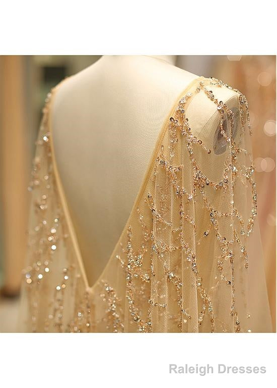 Tulle Jewel Long Sleeve Gold Beading Prom Evening Dress