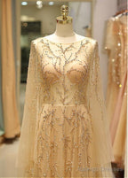 Tulle Jewel Long Sleeve Gold Beading Prom Evening Dress